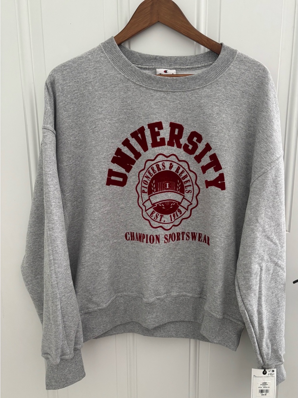 Champion Gray Crewneck with Burgundy University Logo
